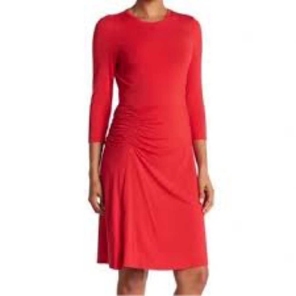 Calvin Klein Red Jersey Midi Dress Featuring 3/4 Sleeve, Ruched Side Detailing